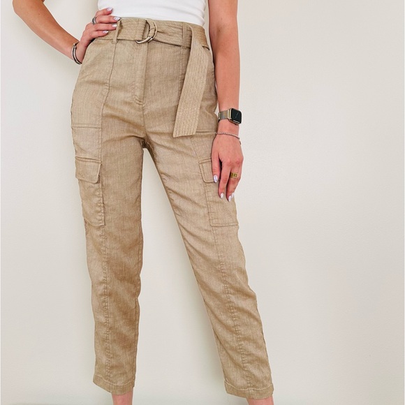 White House black market Linen Belted Utility Pants neutral Cargo - Picture 4 of 9